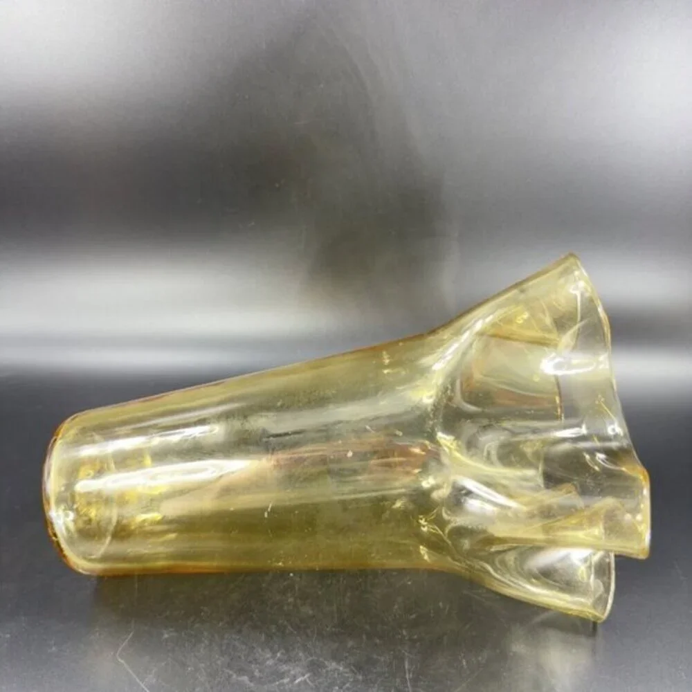Mid Century Amber Art Glass Vase With Ruffled Top Edges‎ Hand Blown Glass Decor